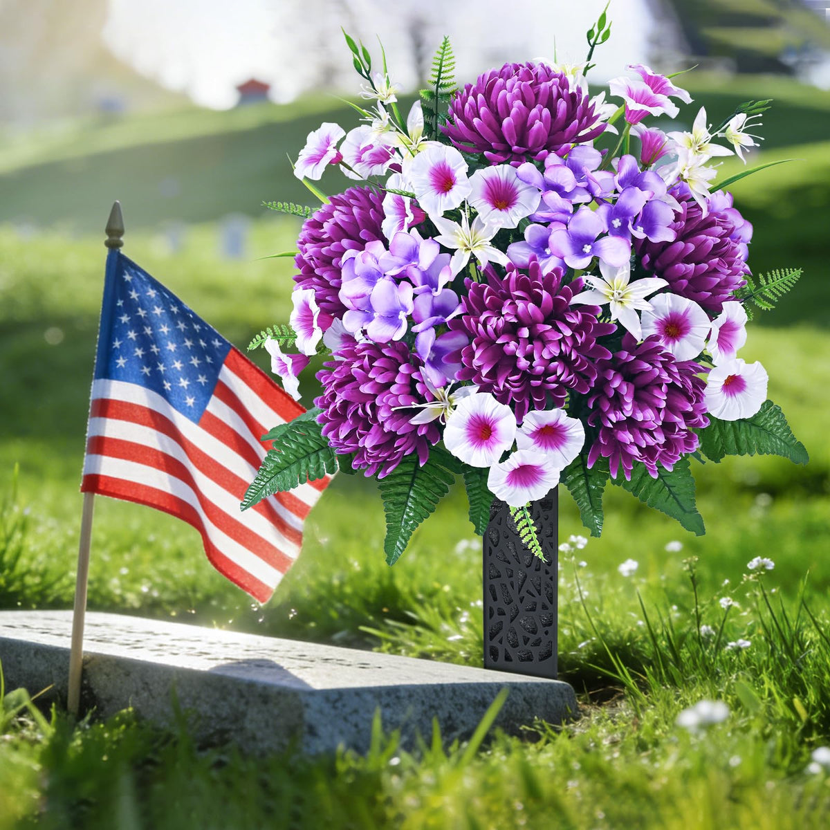 Dolicer silk mums and hydrangea in purple and white, vibrant