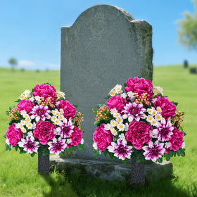 Dolicer two bouquets and two vases simplify grave setup.