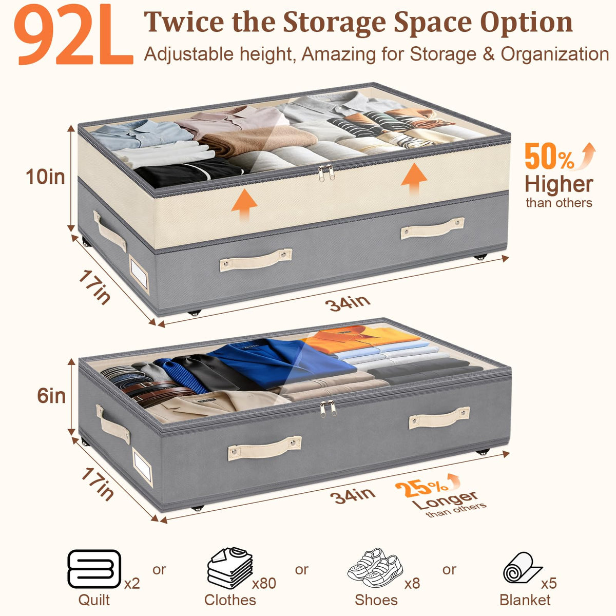 Dolicer grey fabric under-bed drawers feature waterproof, durable construction.