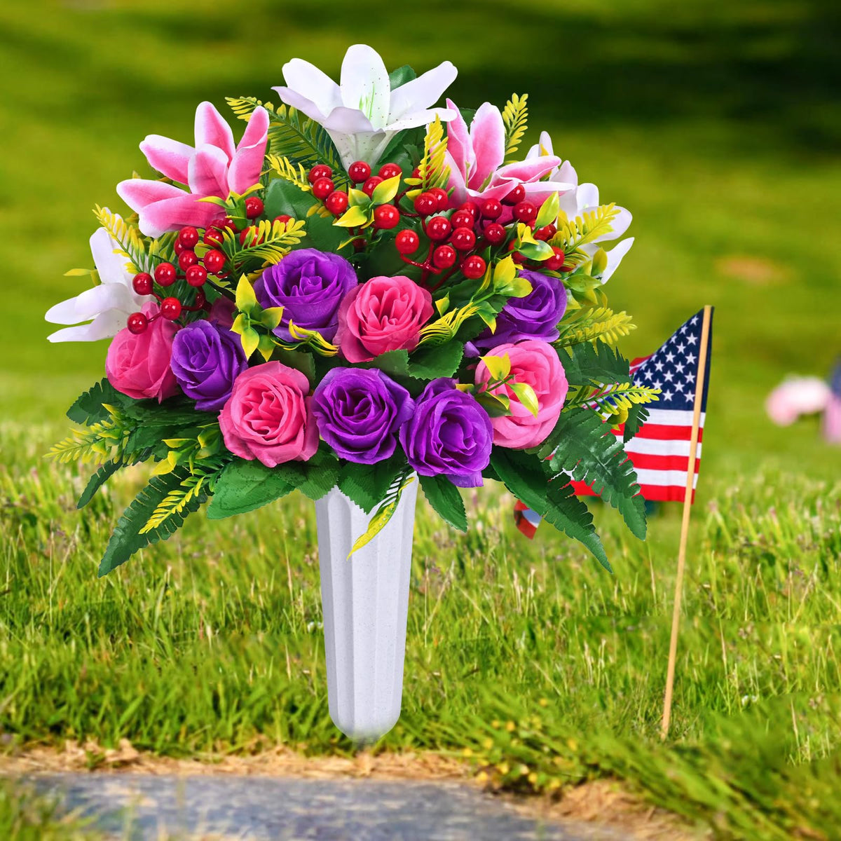 Dolicer UV-resistant grave flowers maintain color in sunlight.