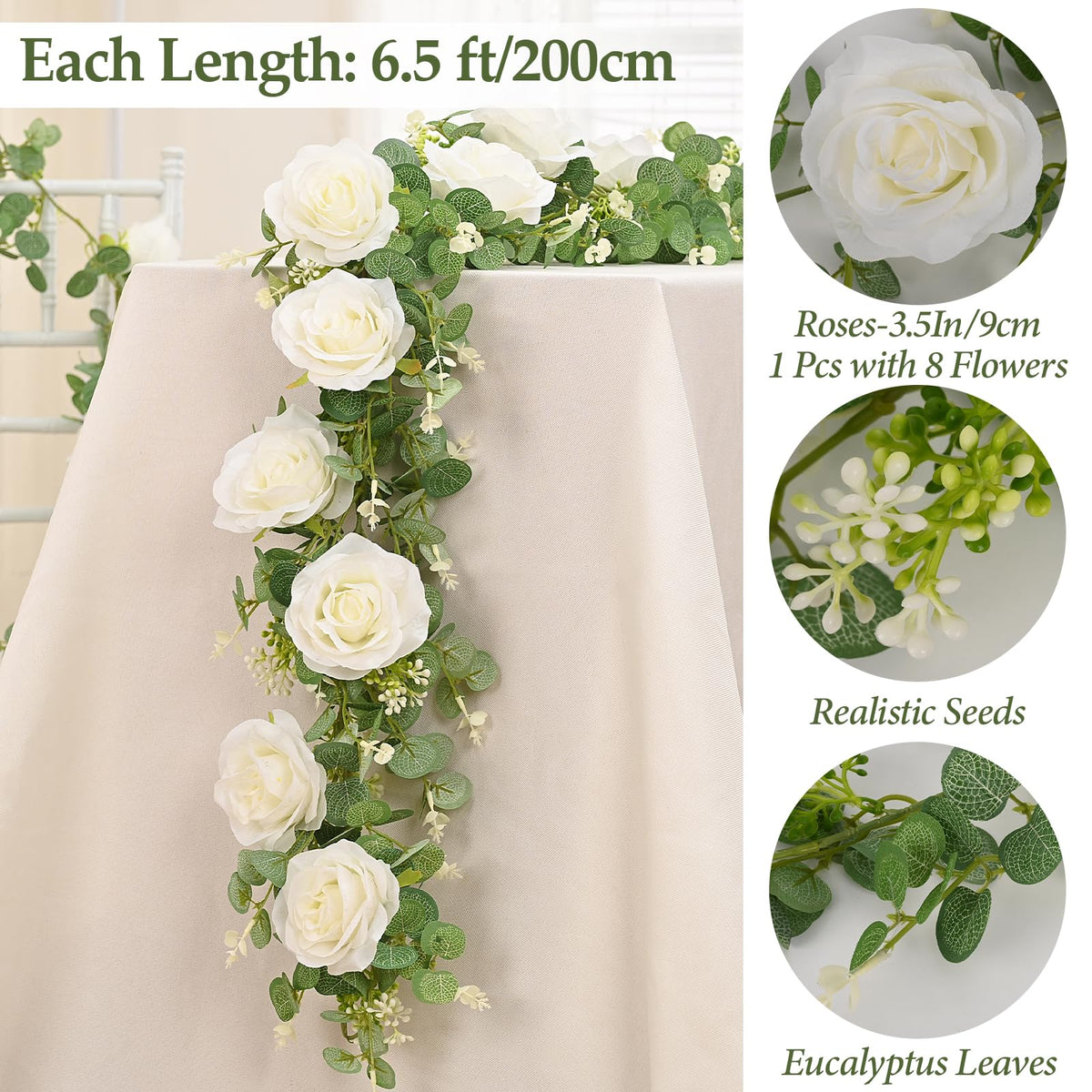 Dolicer white rose garland close-up shows delicate craftsmanship