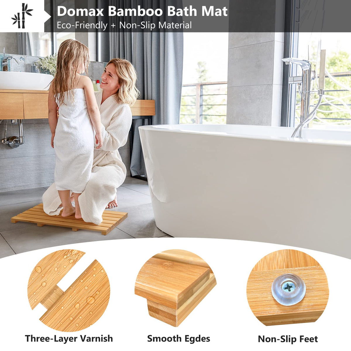 Domax bamboo bath mat dimensions 21.26 x 14.17 inches for most showers
