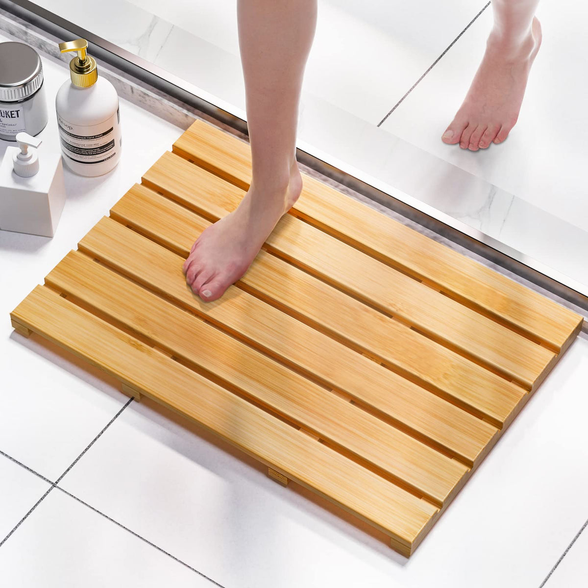Domax Bamboo Bath Mat with non-slip surface for safer showers