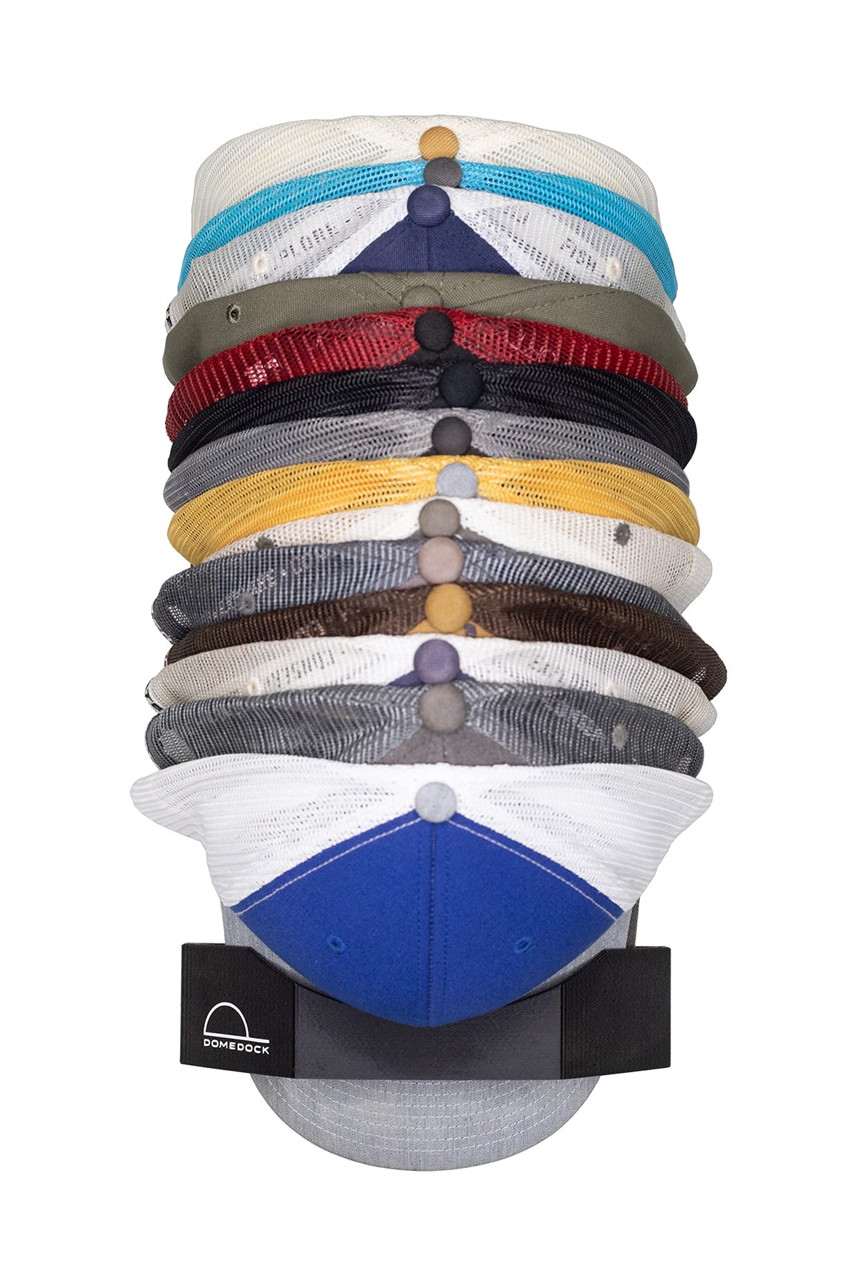 Dome Dock hat rack mounted on wall holding up to 20 hats for easy access