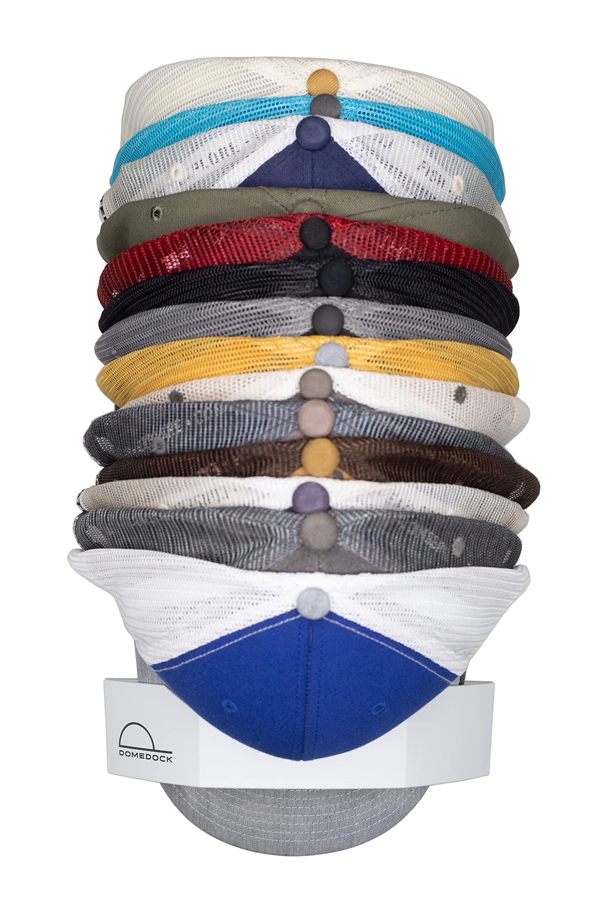 Dome Dock wall-mounted hat rack holding 20 hats for organized space
