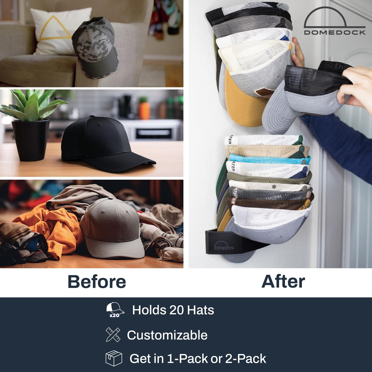 Dome Dock hat rack installed in a closet for easy access and organization