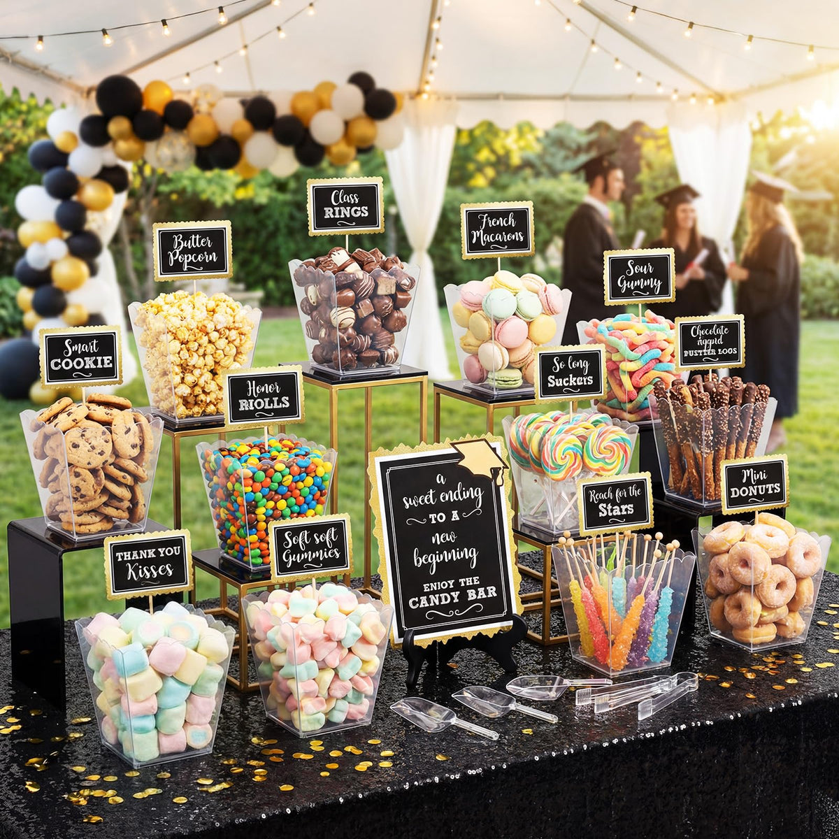 Domensi 61 oz buckets ready for servings at a graduation candy bar display
