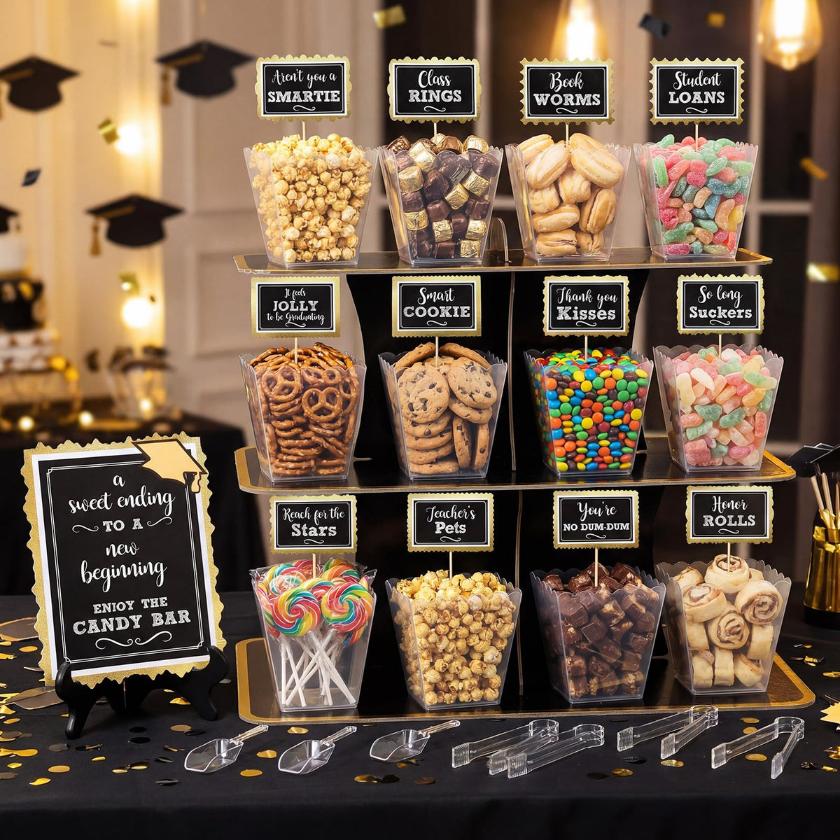 Domensi graduation candy bar set with 61 oz buckets for easy self-serve treats