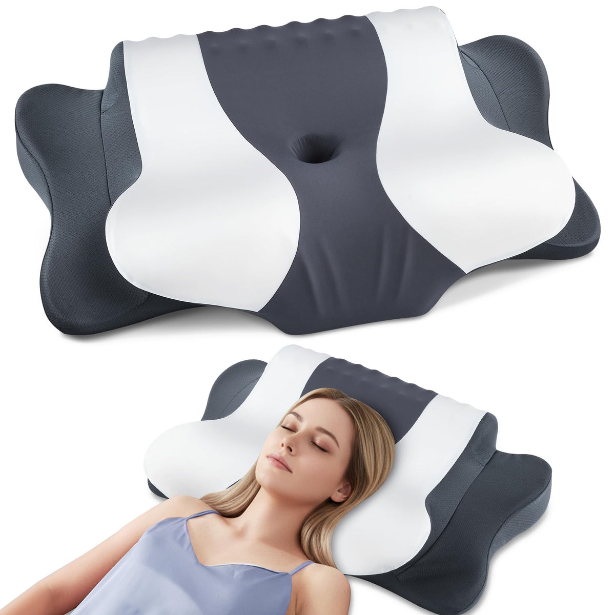 DONAMA cervical neck pillow front view shows hollow design for neck alignment.