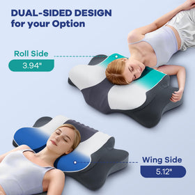 DONAMA pillow in use shows versatile positioning for back, side, and stomach sleepers.