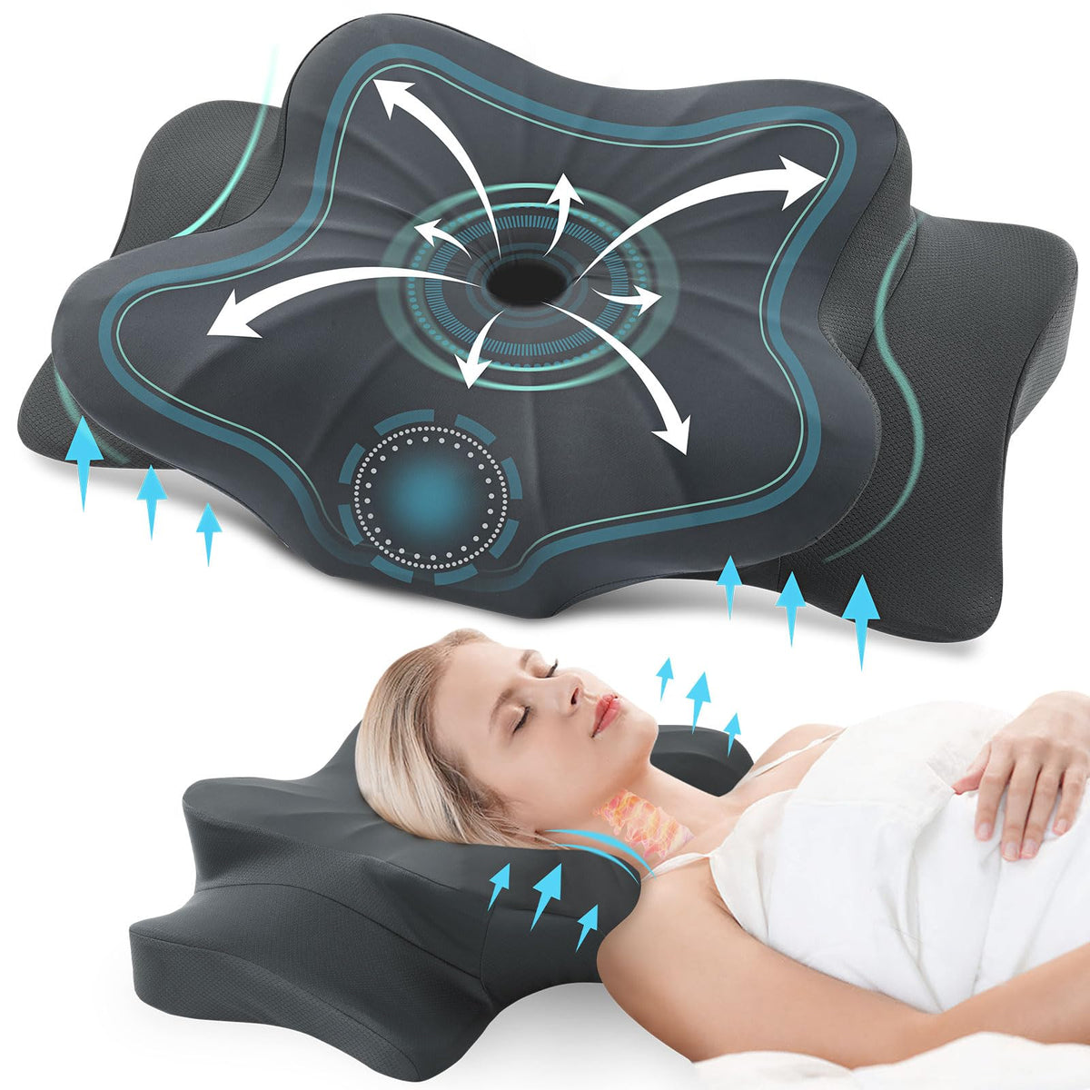 DONAMA cervical pillow arc central cavity illustrates ergonomic neck support and breathing aid.