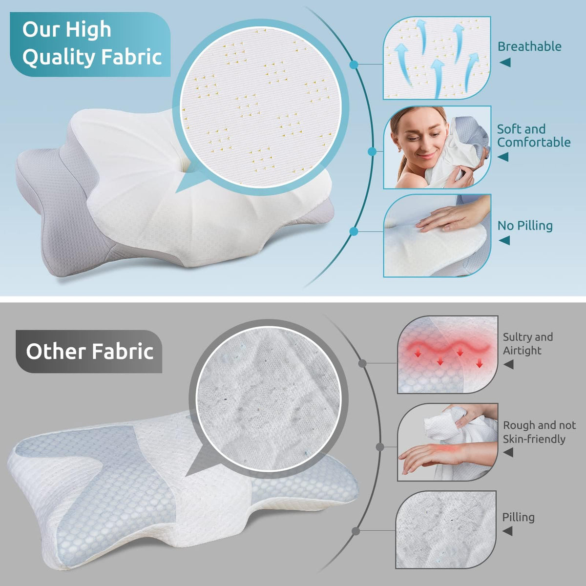 DONAMA cervical pillow armrest grooves allow comfortable arm placement for side sleepers.
