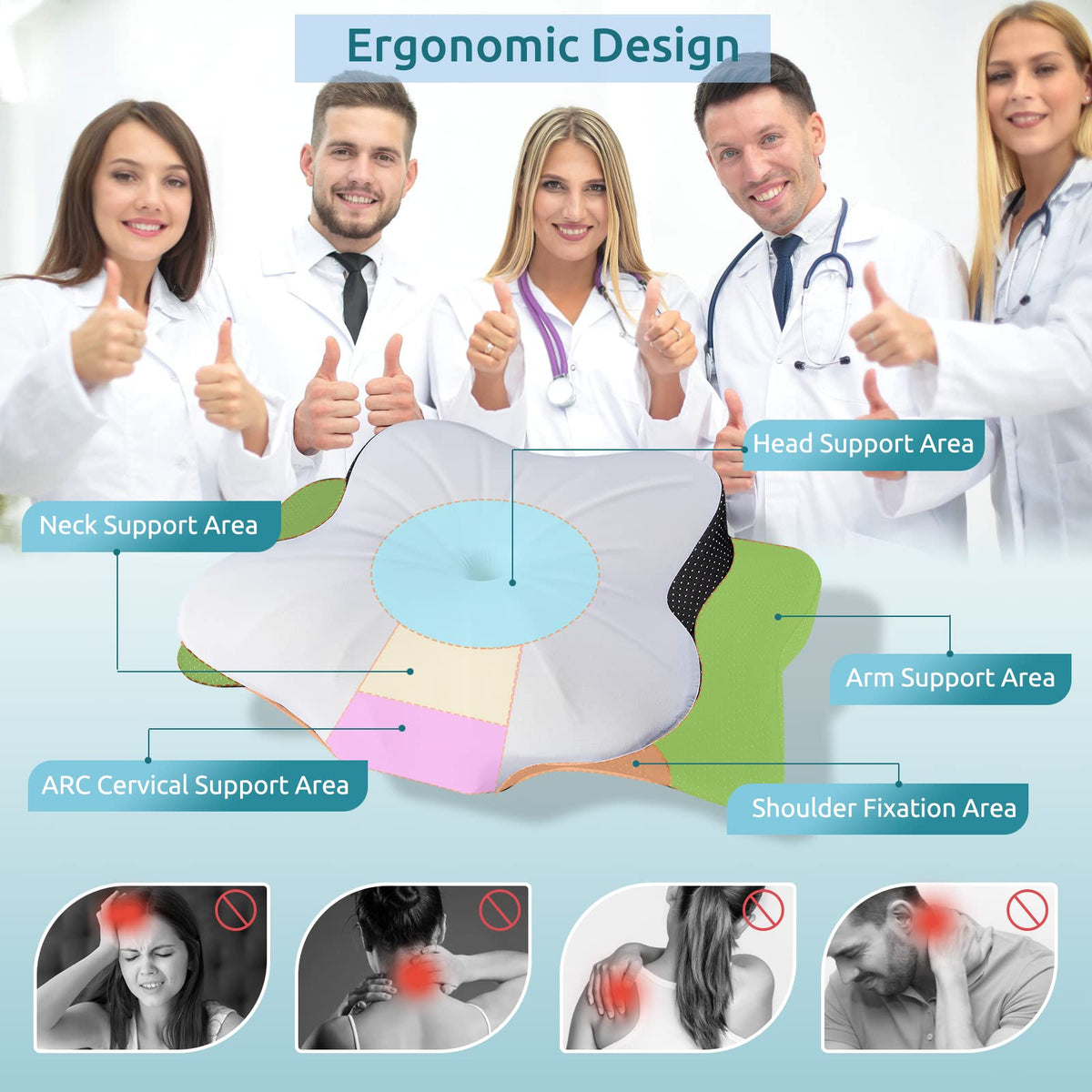 DONAMA neck-support pillow side view shows dual-height design for different sleepers.