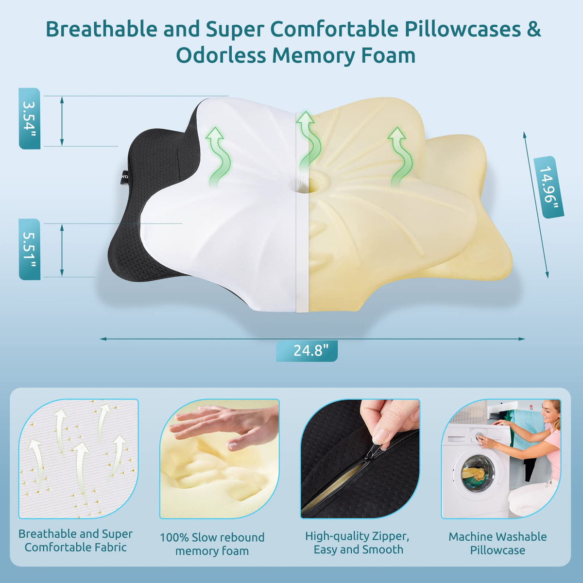 Armrest grooves allow comfortable under-arm positioning for side or back sleepers.