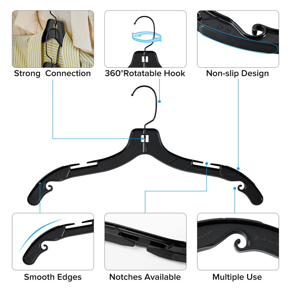 Donext heavy-duty plastic hanger provides sturdy support for thicker garments.