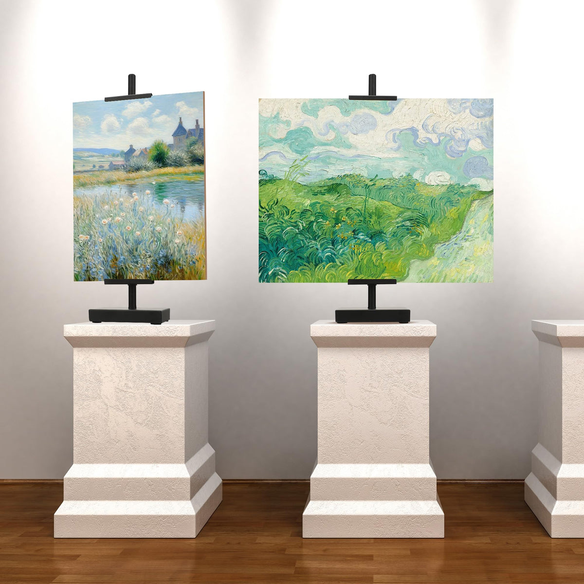 Donghome 18in black steel tabletop easel in use for plates, prints, or small canvases.