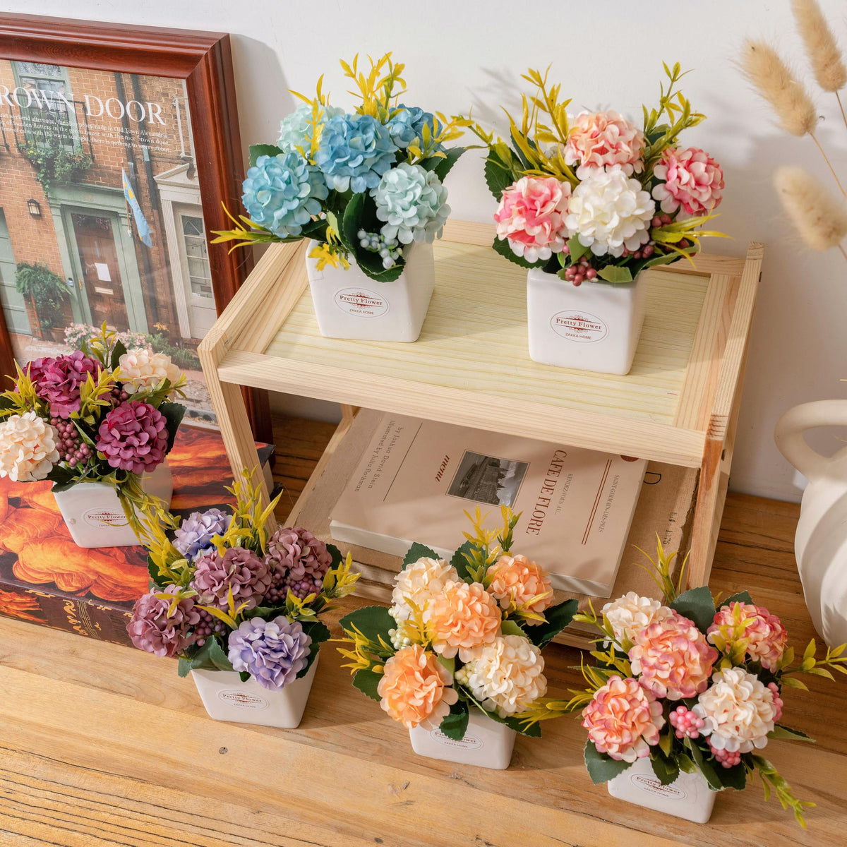 Donmills hydrangea tabletop centerpiece showcased on a dining table.