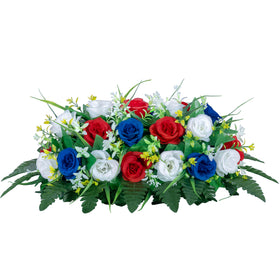 DONODA cemetery flower saddle on tombstone with red-blue-white tones for lasting outdoor color.
