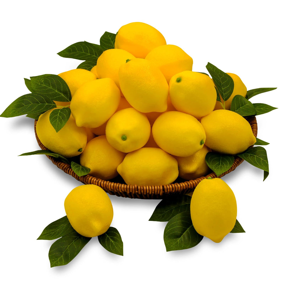 Donotgo fake lemons arranged in a 20-piece display for vibrant kitchen decor.