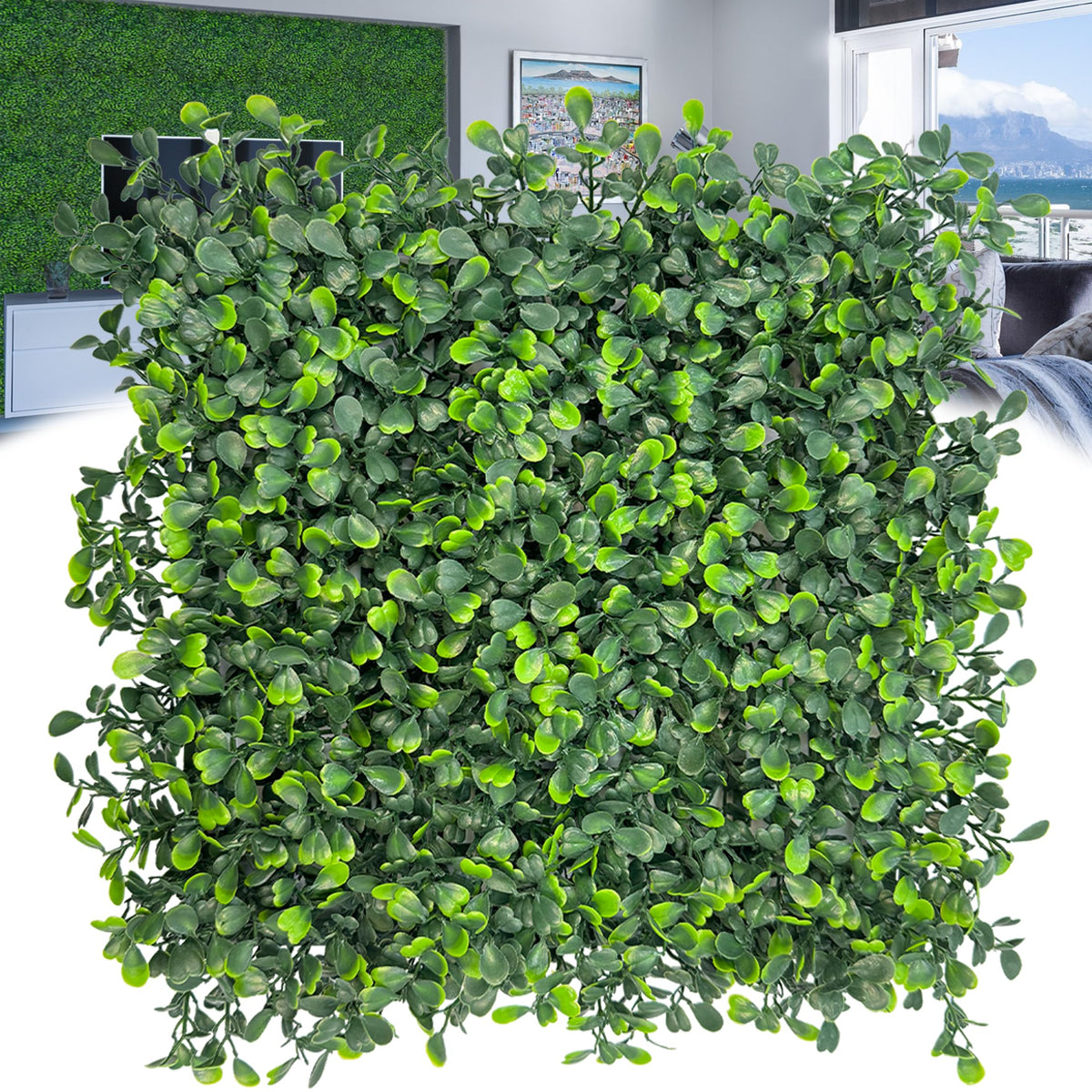 DOPGIB boxwood wall panel close-up showing dense leaves for a premium backdrop.