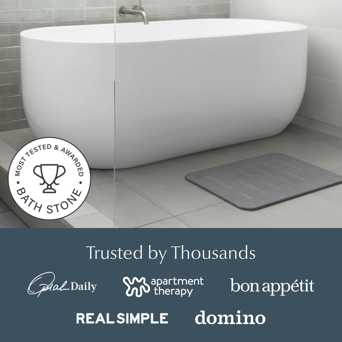 Dorai Stone Bath Mat in a bright bathroom setup ready for daily use