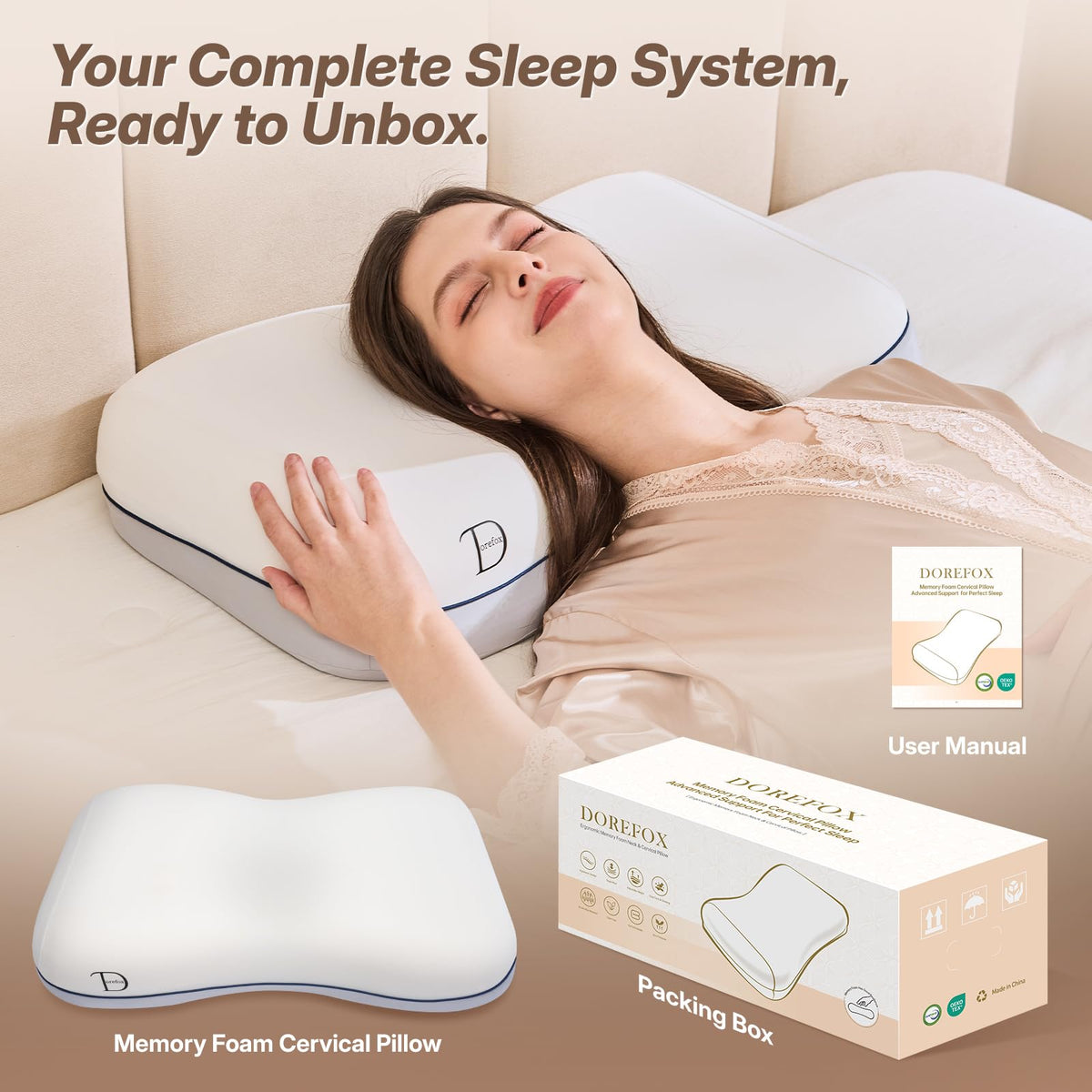 Dorefox pillow in use on bed showing relaxed posture.