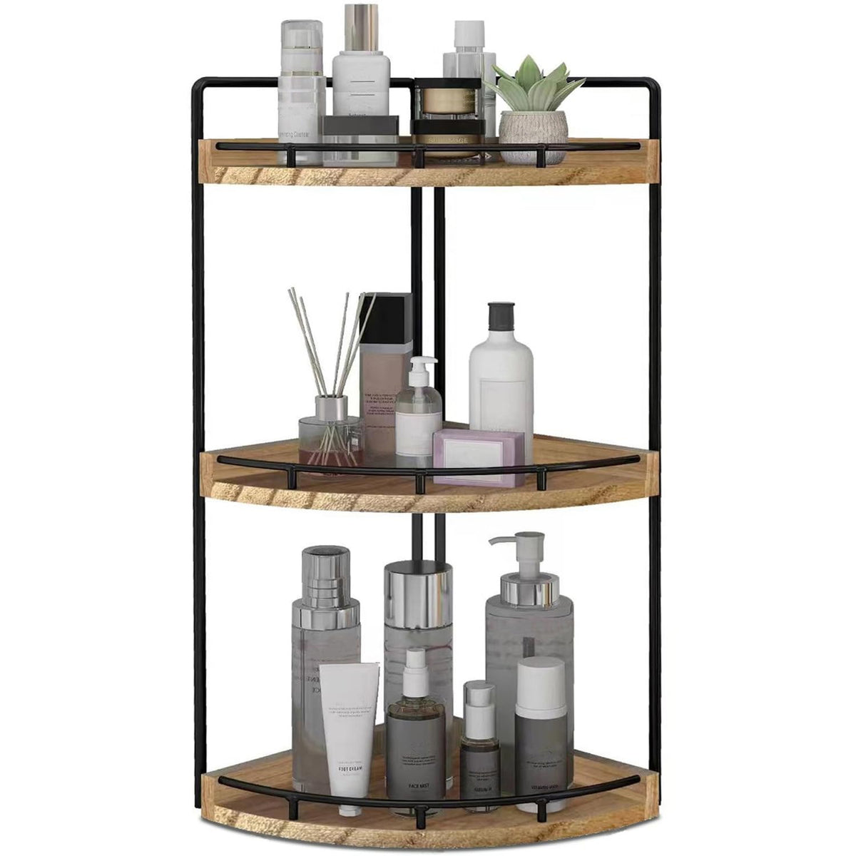 Dorhors 3-Tier corner bathroom organizer in wood finish keeps counters clutter-free.