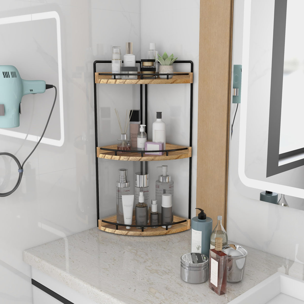 Dorhors rustic brown shelf adds versatile storage for kitchen and bath.