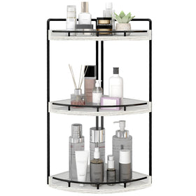 Dorhors Rustic White 3-Tier Corner Organizer on countertop for tidy cosmetics.