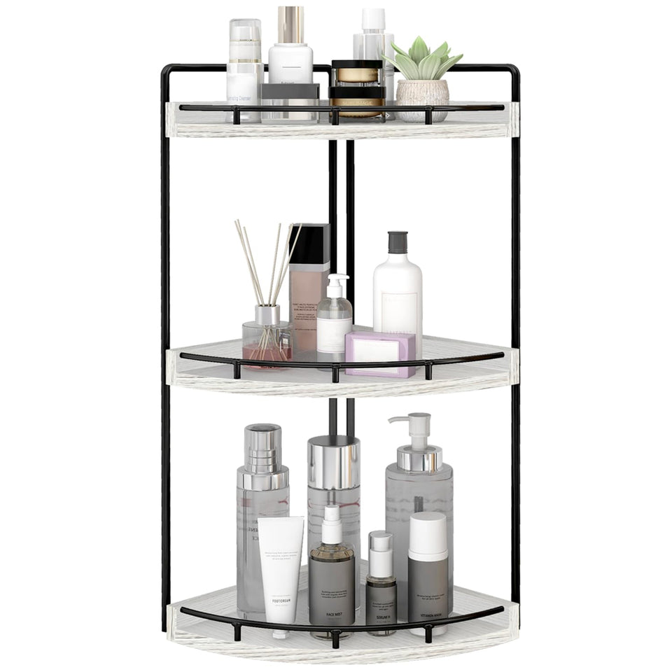 Dorhors Rustic White 3-Tier Corner Organizer on countertop for tidy cosmetics.