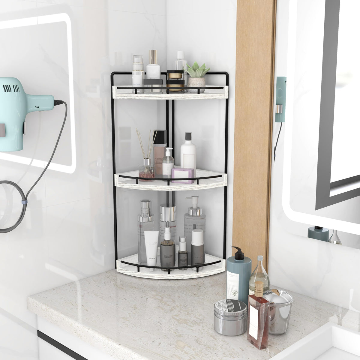 Dorhors Rustic White organizer showcases cosmetics and skincare neatly.