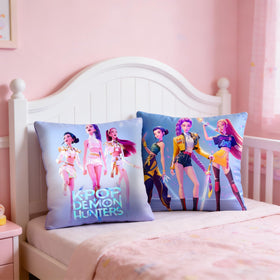 Dorjee Demon Hunters pillow cover fabric closeup shows smooth polyester and colorfast print