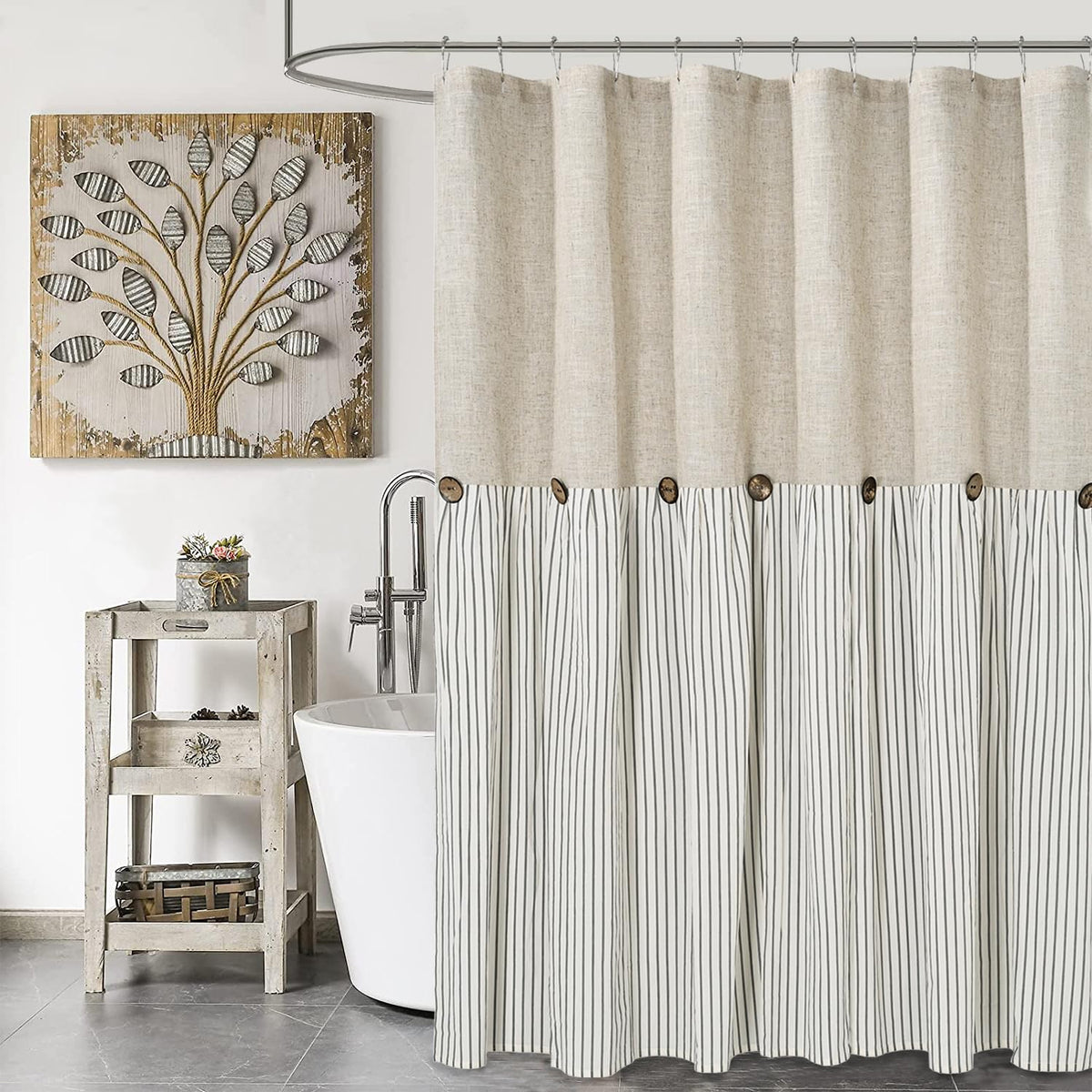 DOSLY IDÉES farmhouse shower curtain beige and gray stripe design for rustic bathroom style.