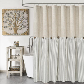 DOSLY IDÉES farmhouse shower curtain beige and gray stripe design for rustic bathroom style.
