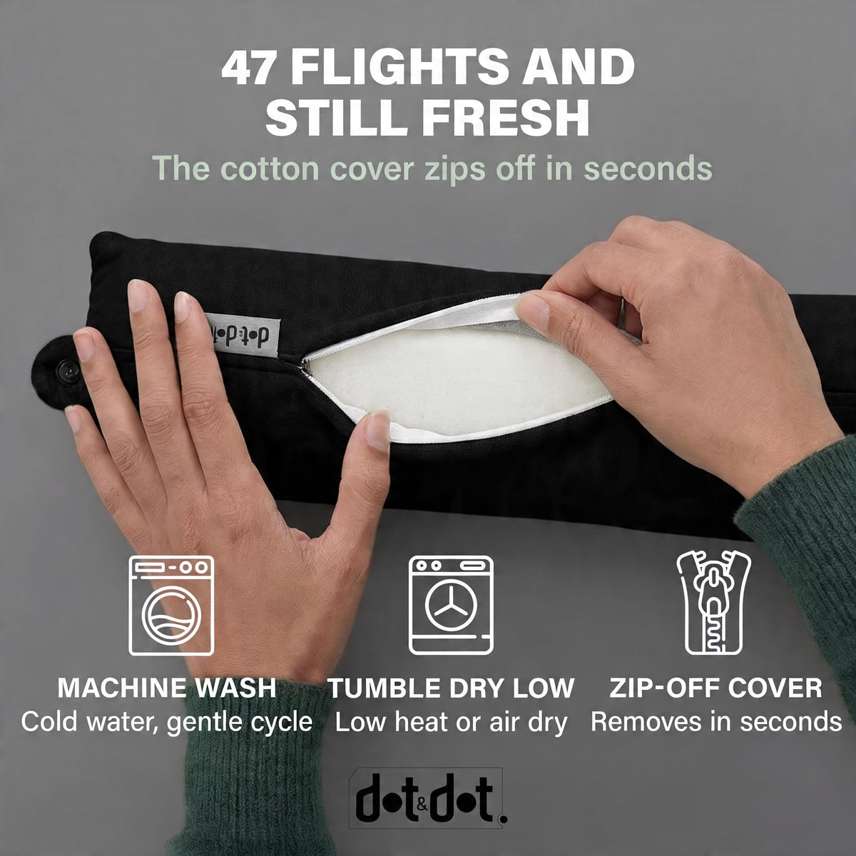 Dot&Dot pillow features a snap closure for easy attachment to luggage.