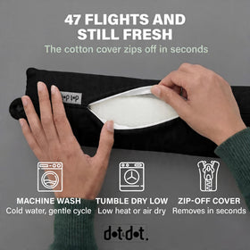 Dot&Dot pillow features a snap closure for easy attachment to luggage.