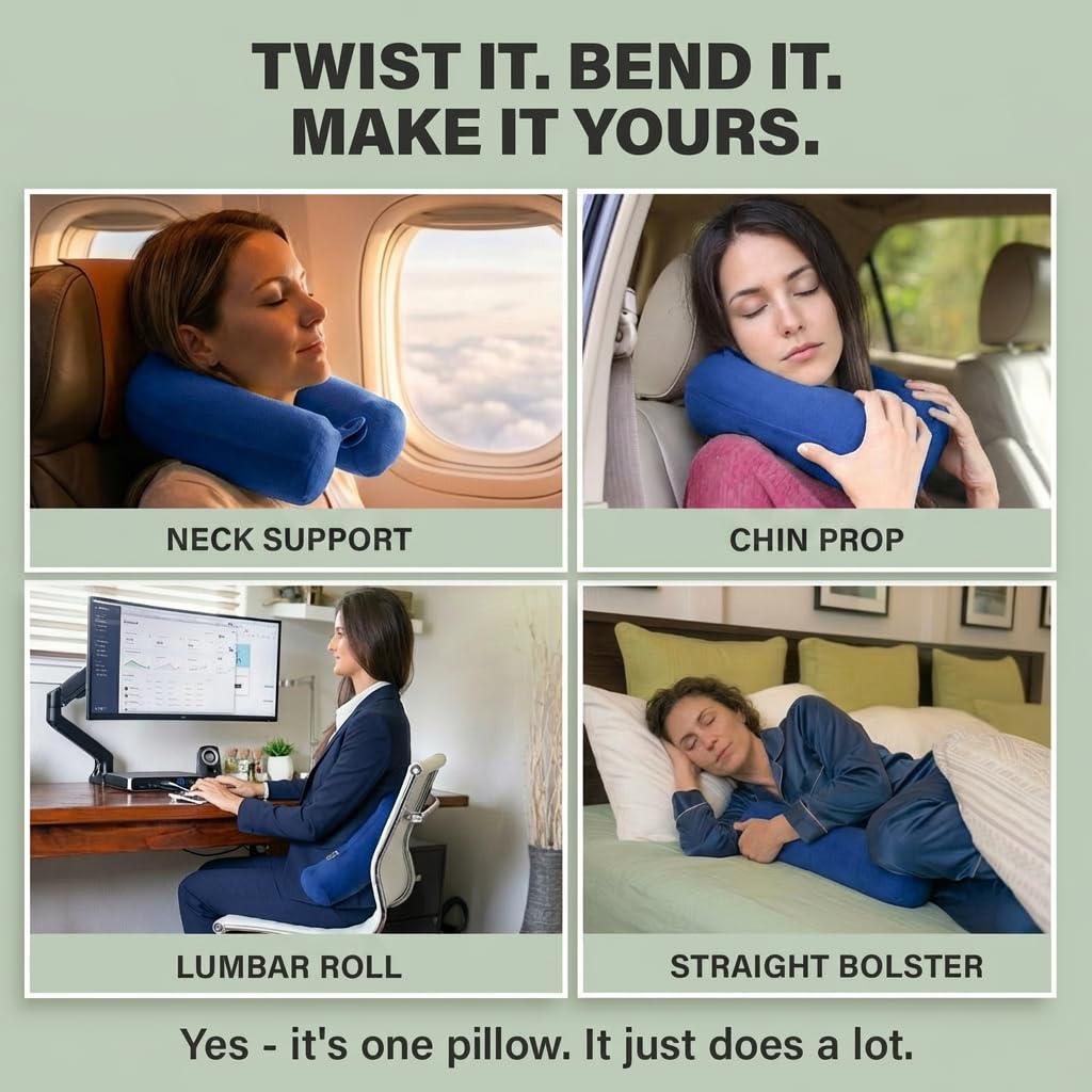 Dot&Dot Twist memory foam pillow contouring around neck for space-saving support