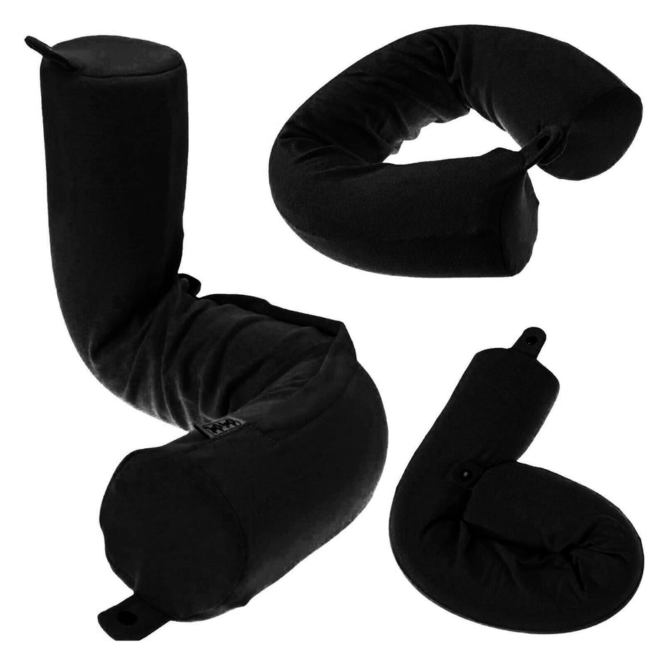 Dot&Dot Twist Memory Foam Travel Pillow, rolled in onyx, provides compact neck support.