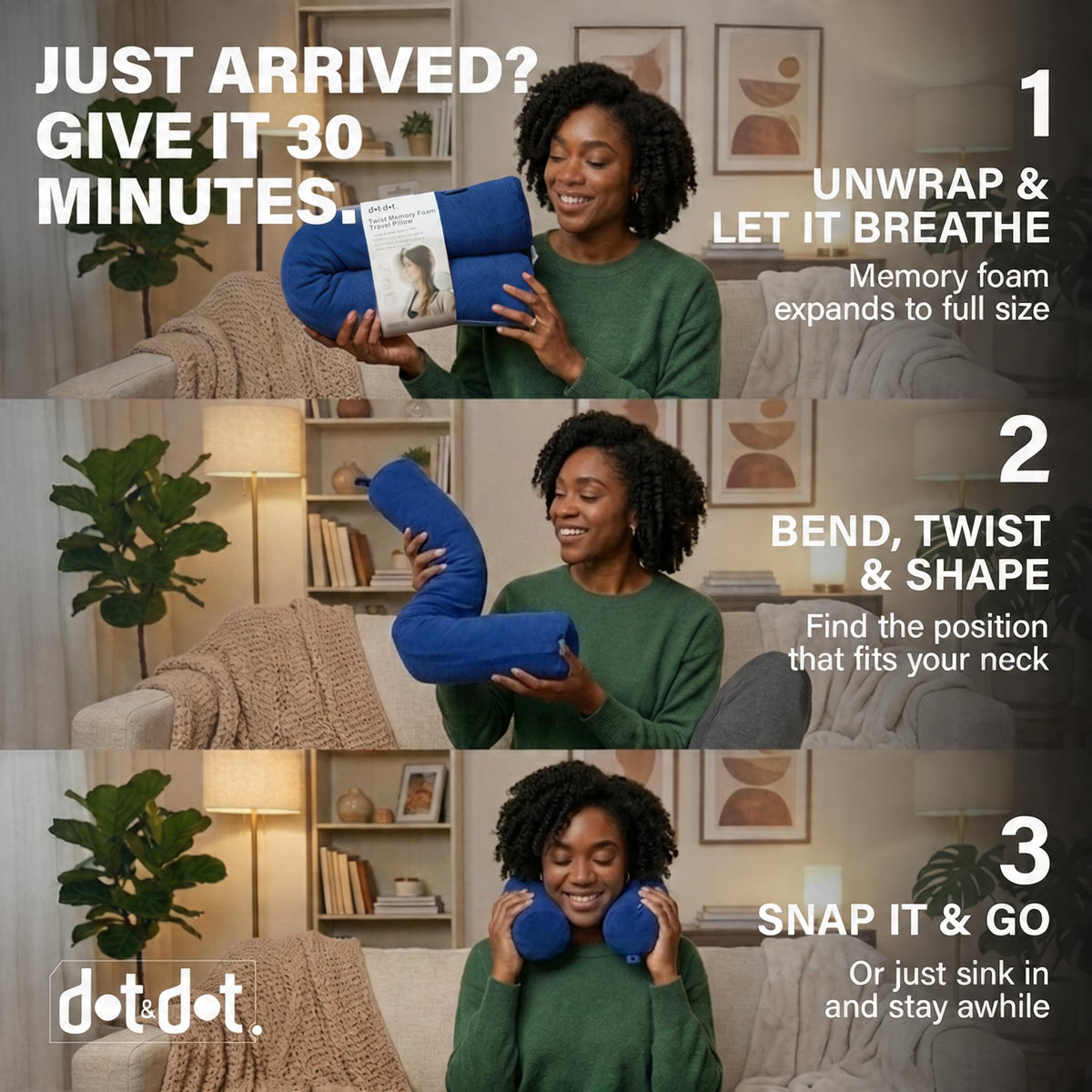 Dot&Dot Twist pillow attached to luggage with snap closure for easy transport