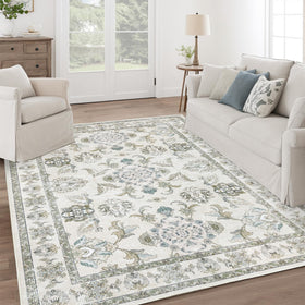 Dotiiorug 8x10 washable rug in beige and sage for easy-care living room decor.