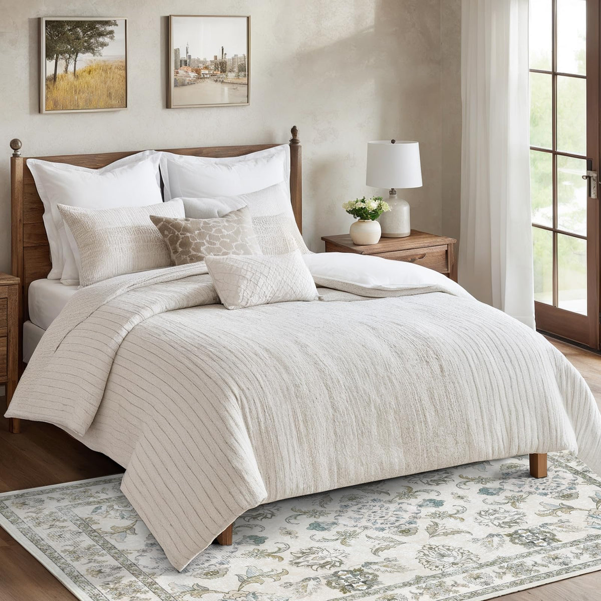 Dotiiorug Persian floral pattern adds vintage Boho flair to bedrooms.