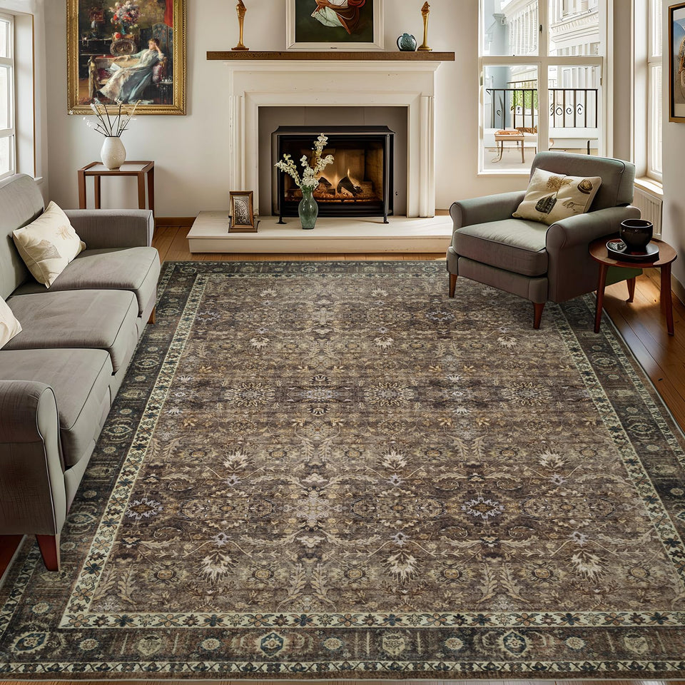 Dotiiorug vintage washable rug front view shows durable, stain-resistant fabric for high-traffic rooms.
