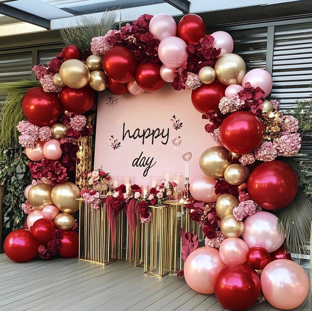Double Layer Balloon arch kit in burgundy and pink for elegant wedding decor.