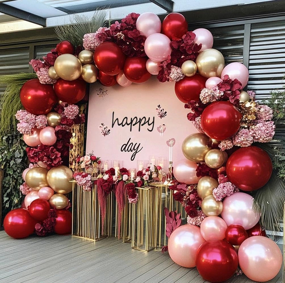 Double Layer Balloon arch kit in burgundy and pink for elegant wedding decor.