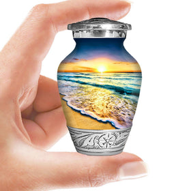 Double Trouble Waves Keepsake Urn with sunset seascape for peaceful remembrance.