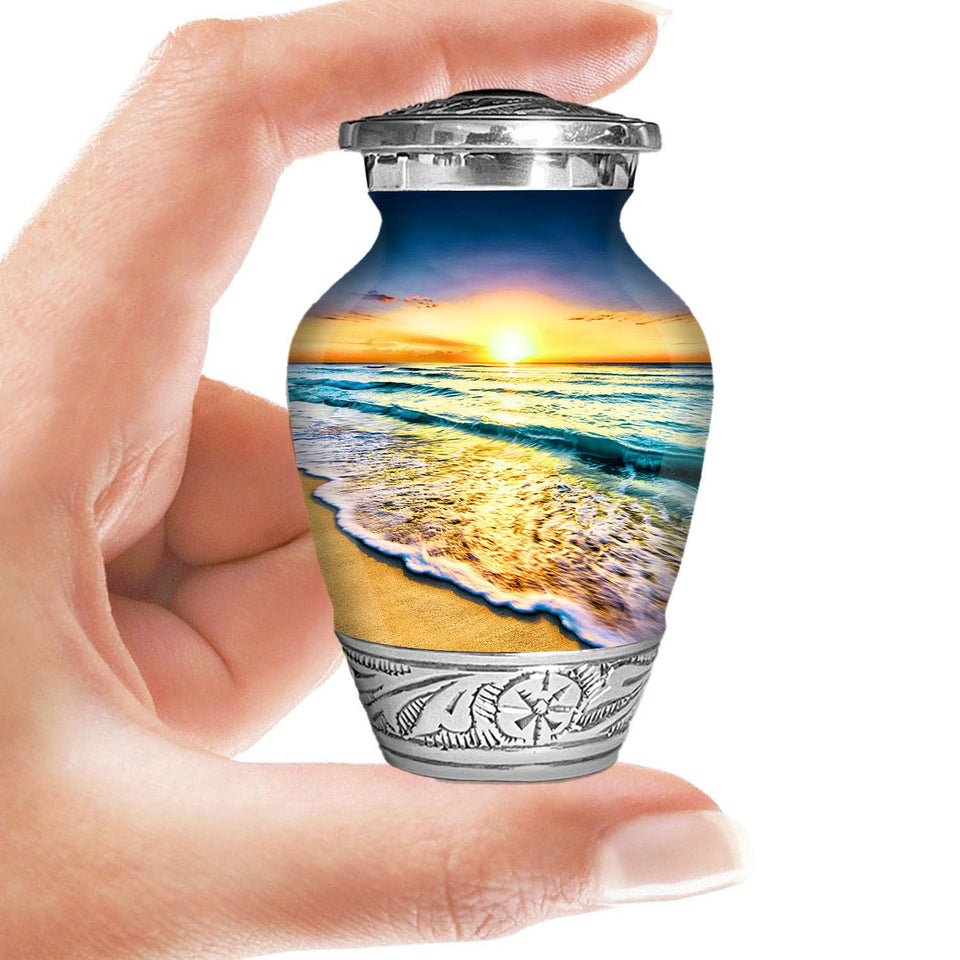 Double Trouble Waves Keepsake Urn with sunset seascape for peaceful remembrance.