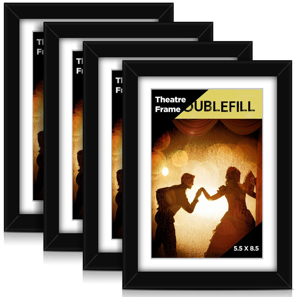 DoubleFill four-piece black theatre frame with white mat for stylish wall display of posters
