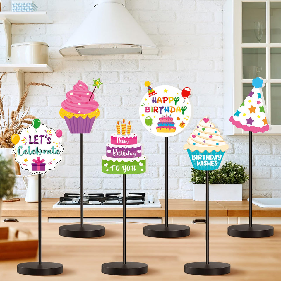 DoubleFill birthday sign cake design enhances centerpiece and table decor.