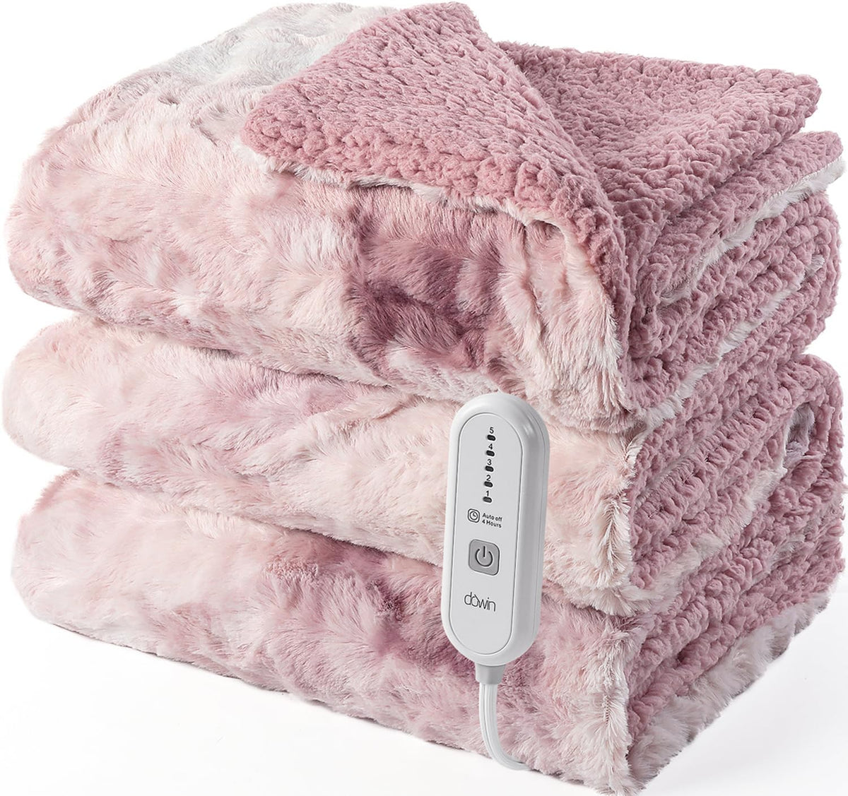 Dowin heated blanket throw in pink tie-dye for cozy warmth on couch or bed.