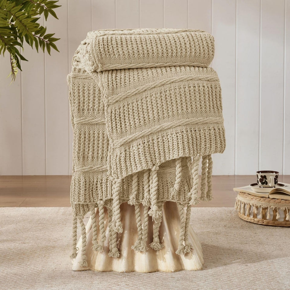 DOWN HOME boho chenille blanket close-up shows 3D knit texture for tactile warmth.